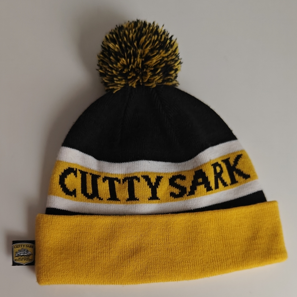 Cutty Sark Scotch Whisky Ship logo tag hat vintage pom pom fold beanie Acrylic